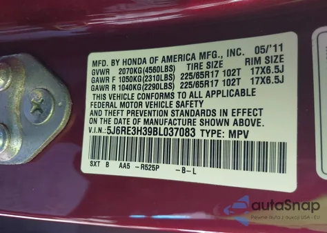 2011 Honda Cr-V Lx z USA, uszkodzony, nr VIN 5J6RE3H39BL037083